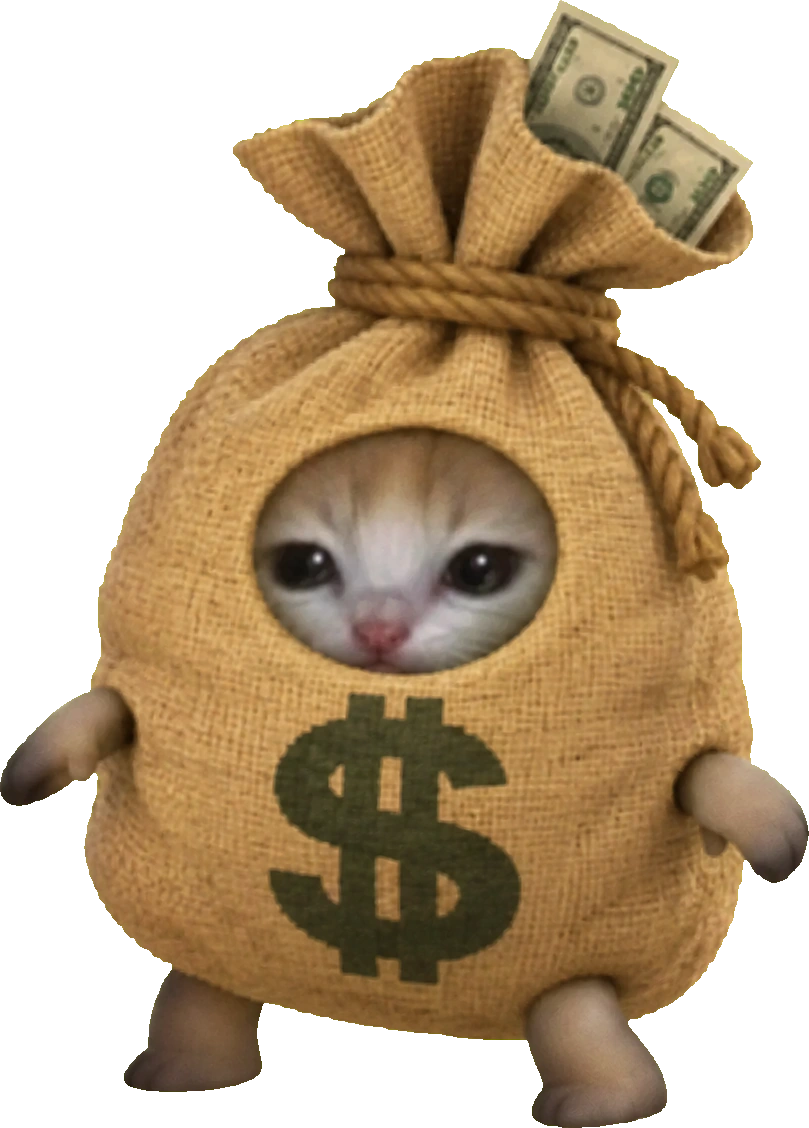 a cat wearing a money bag he cannot take off, two twenties standing up in the collar, both of them somebody else's